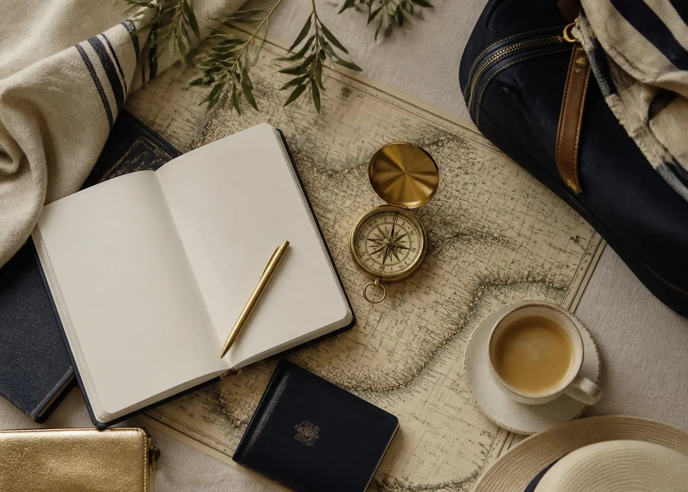 Travel planning desk with notebook, map and brass compass